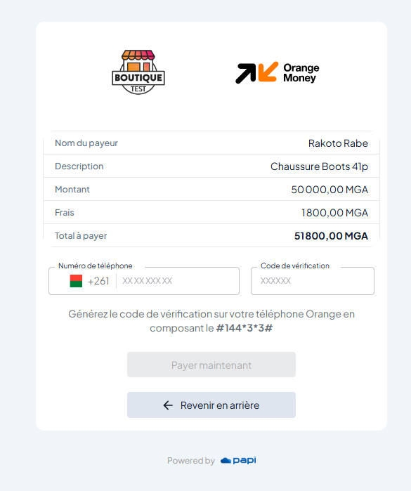 Formulaire de paiement Orange Money